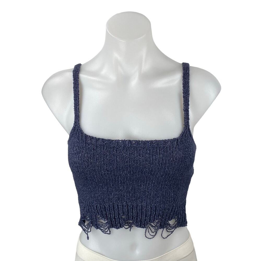 Zara Womens Blue Distressed Sleeveless Square Neck Bralette Crop Cami Tank Top S